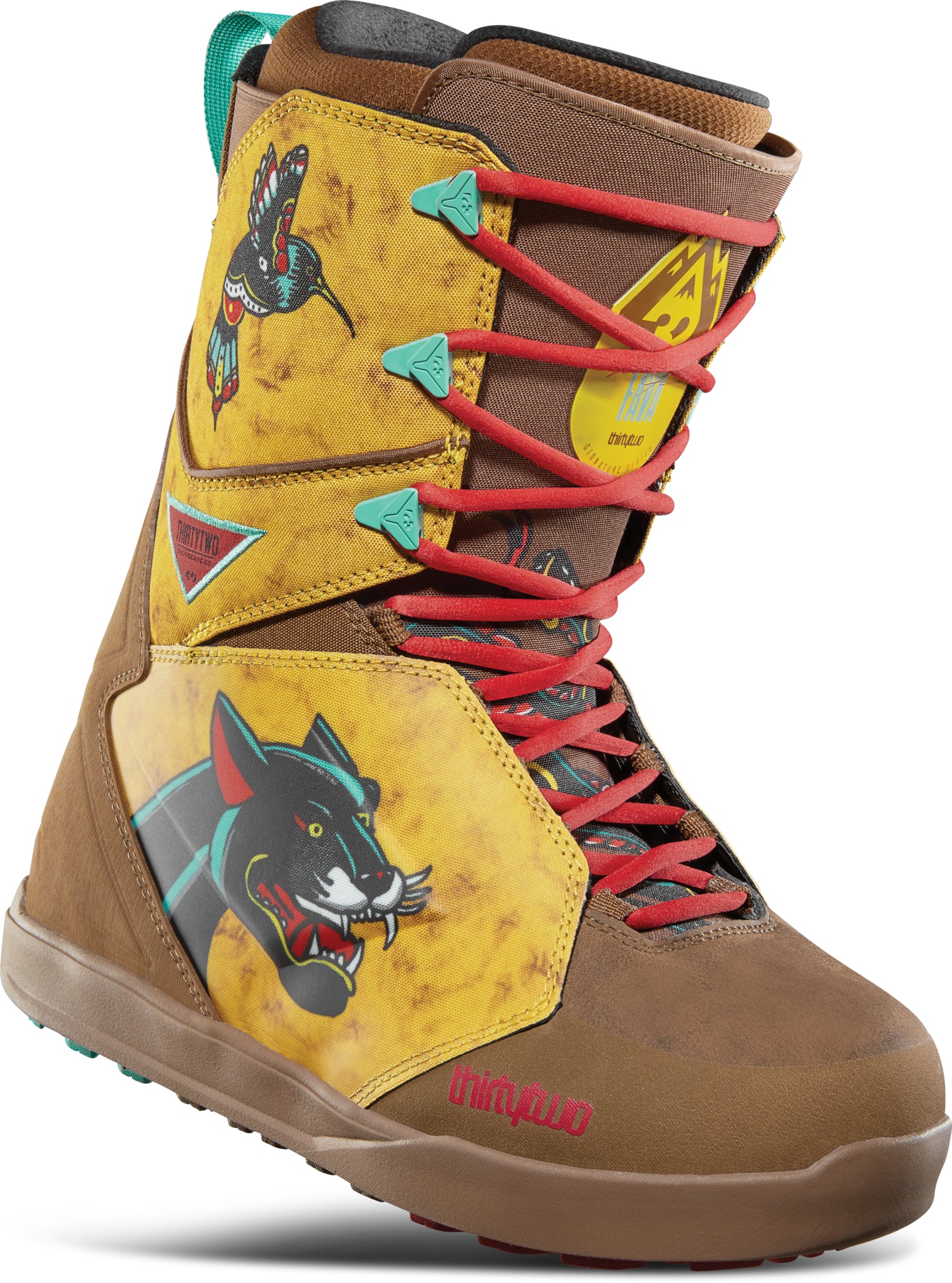 ThirtyTwo Lashed X Fava Snowboard Boot 2025 - A brown snowboard boot with a yellow strap featuring a black panther design and red laces.
