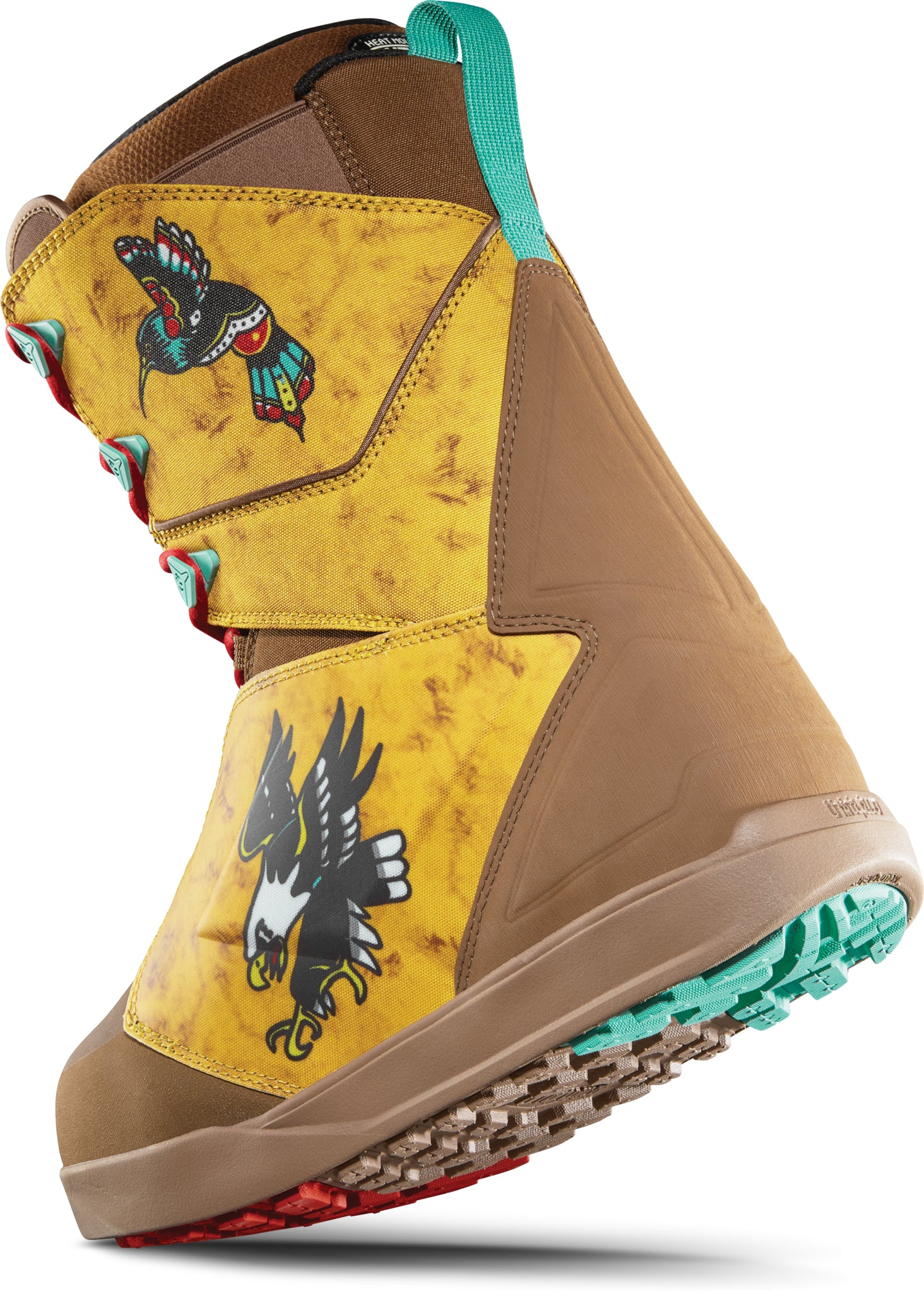 ThirtyTwo Lashed X Fava Snowboard Boot 2025 - A tan snowboard boot with a black and white bird graphic on the side, featuring teal laces and red accents.