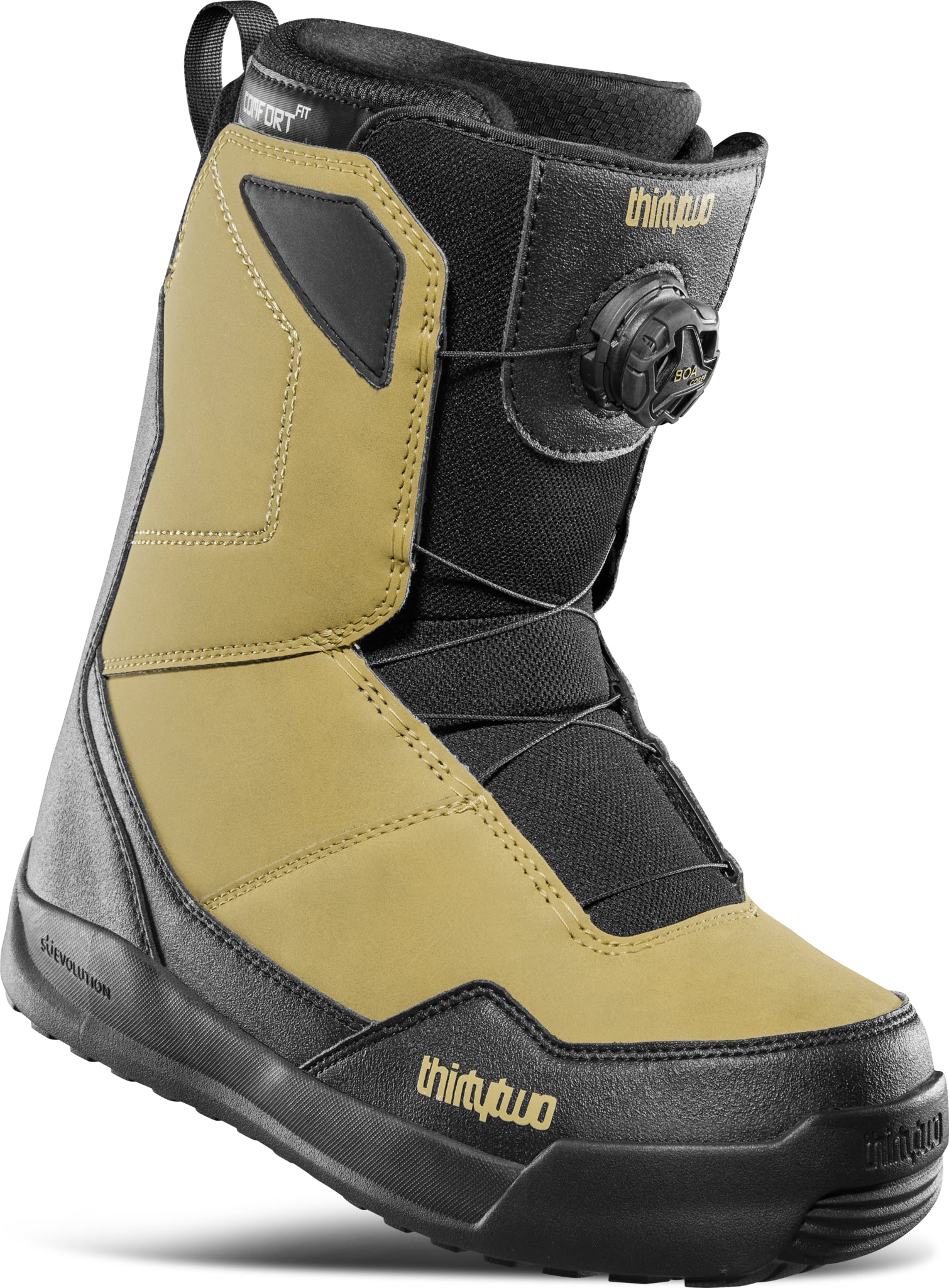 ThirtyTwo Shifty BOA Snowboard Boot 2025 - A black and tan snowboard boot with a tan toe cap, featuring a BOA closure system on the side.