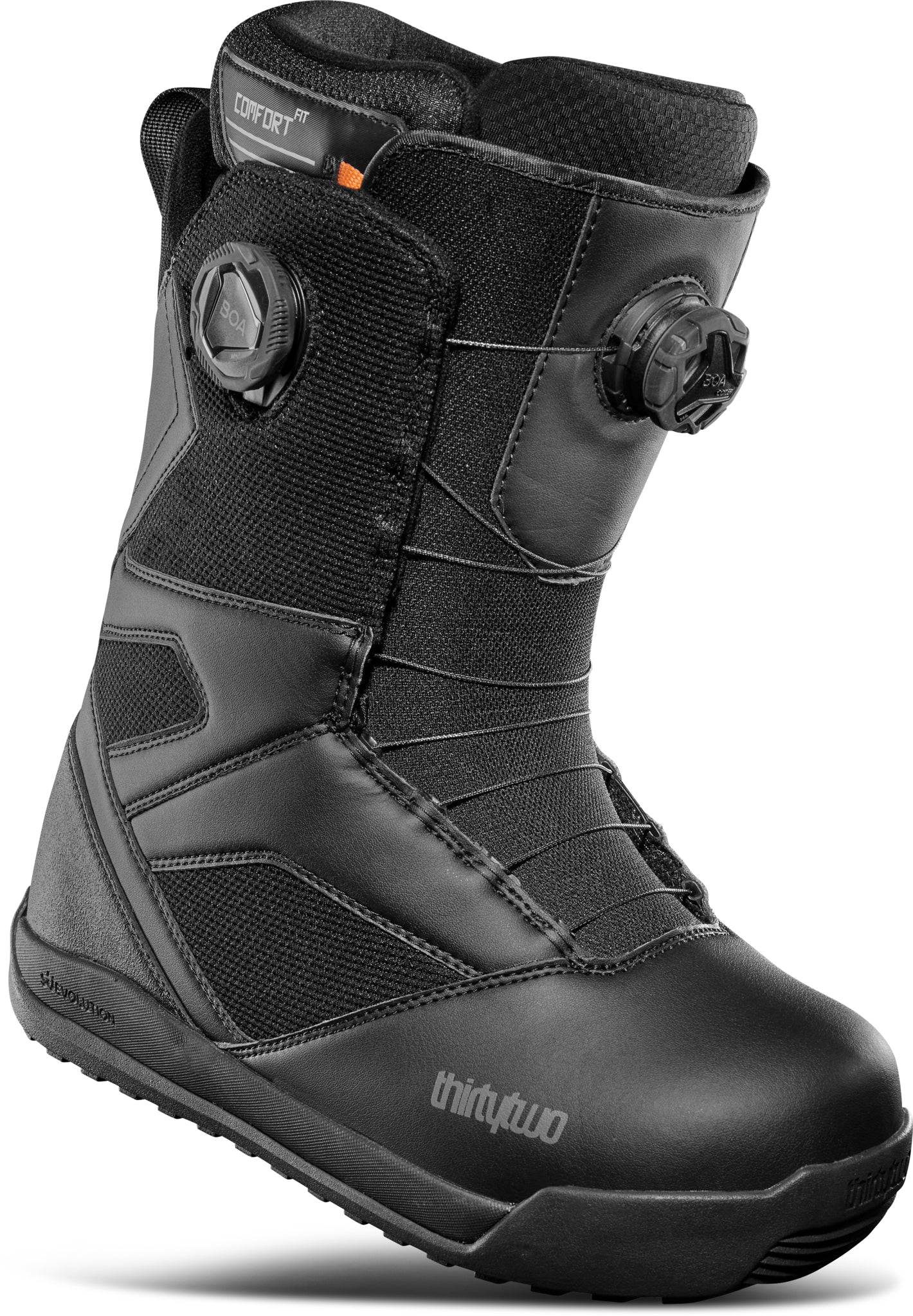 ThirtyTwo STW Double BOA Snowboard Boot 2025 - Black snowboard boots with a textured pattern on the toe and heel, featuring two black BOA dials.