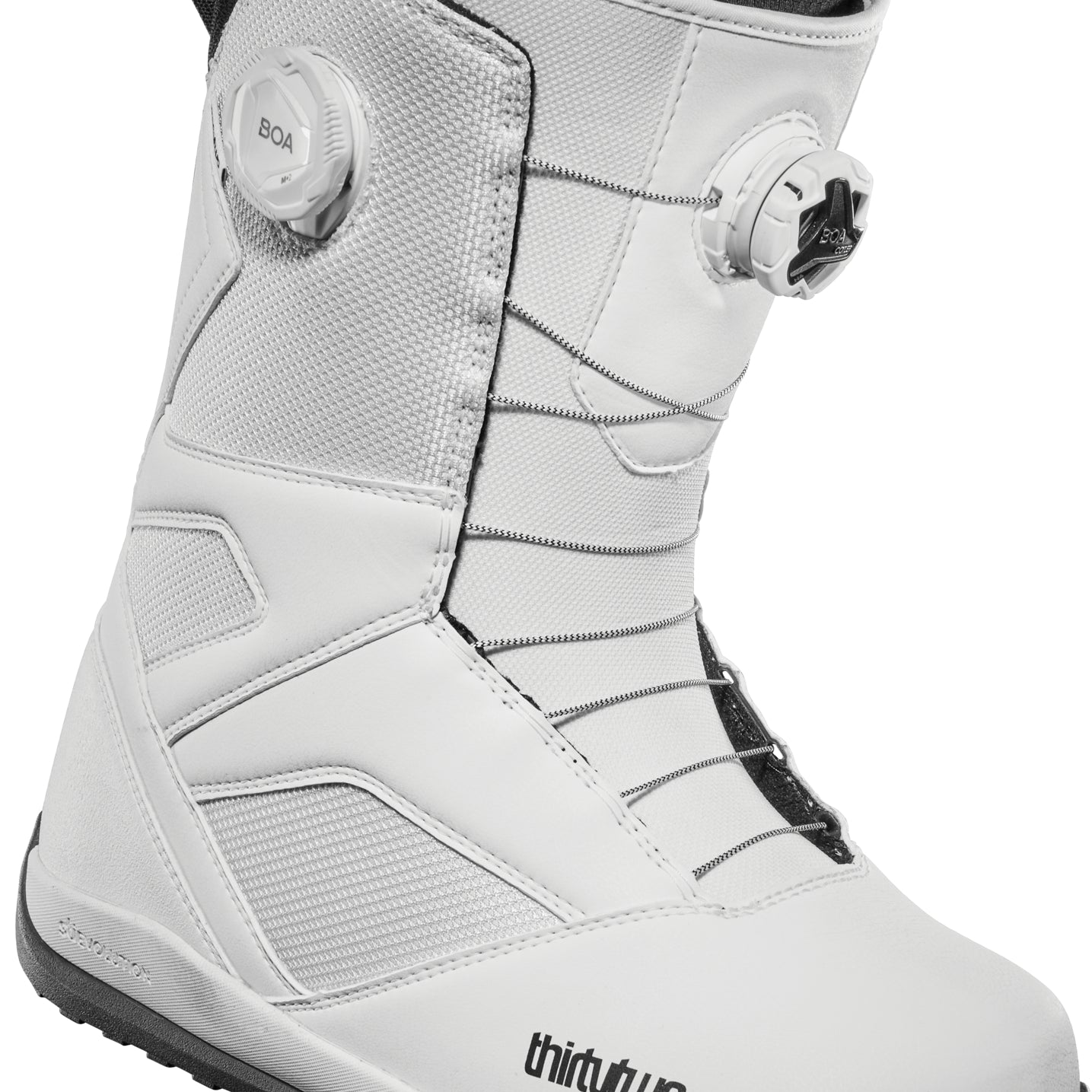 ThirtyTwo STW Double BOA Snowboard Boot 2025 - A white snowboard boot with a black sole and laces, featuring two circular BOA dials on the side.