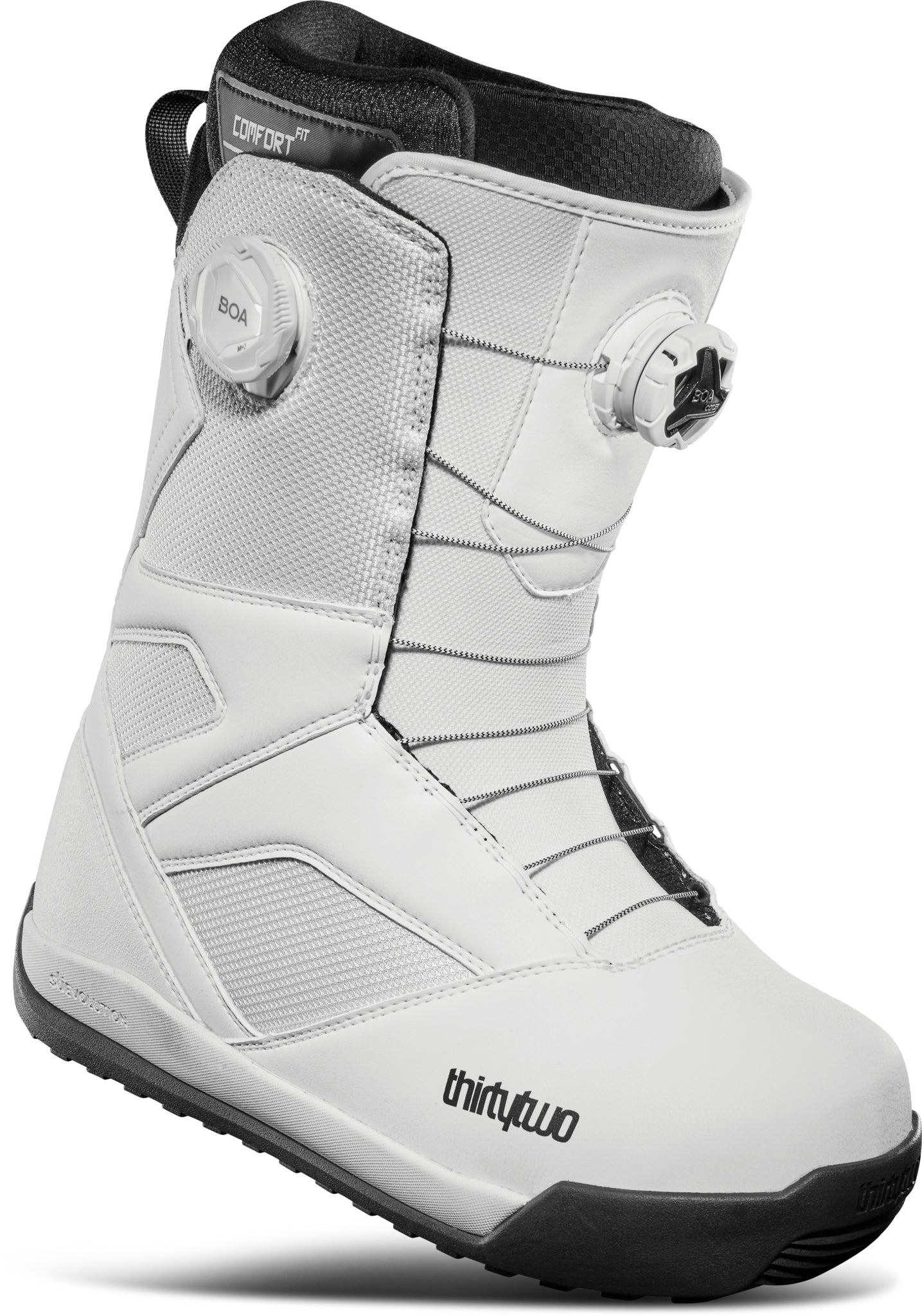 ThirtyTwo STW Double BOA Snowboard Boot 2025 - A white snowboard boot with a black sole and laces, featuring two circular BOA dials on the side.
