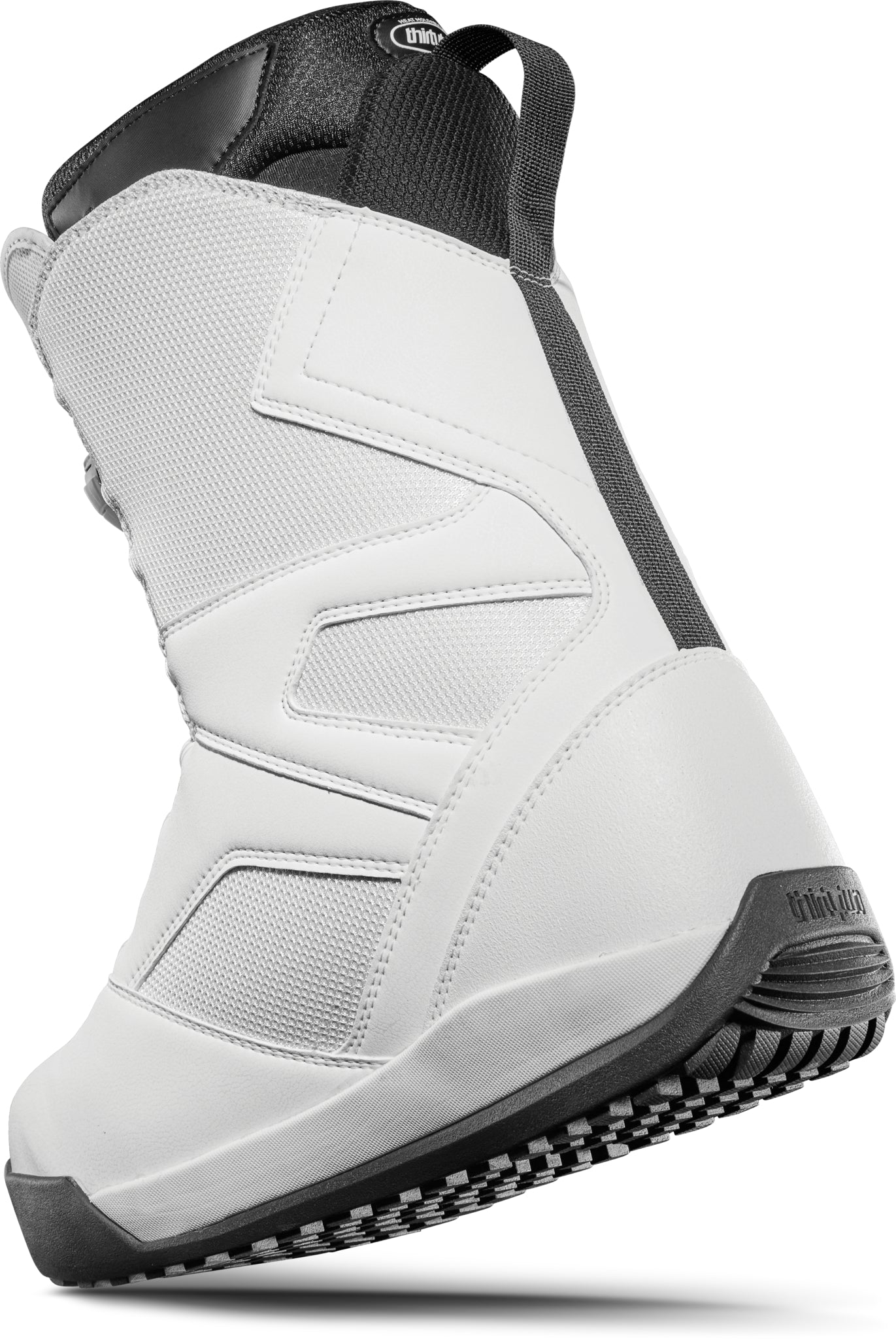 ThirtyTwo STW Double BOA Snowboard Boot 2025 - A white snowboard boot with a black strap and logo on top, featuring a textured pattern on the side.