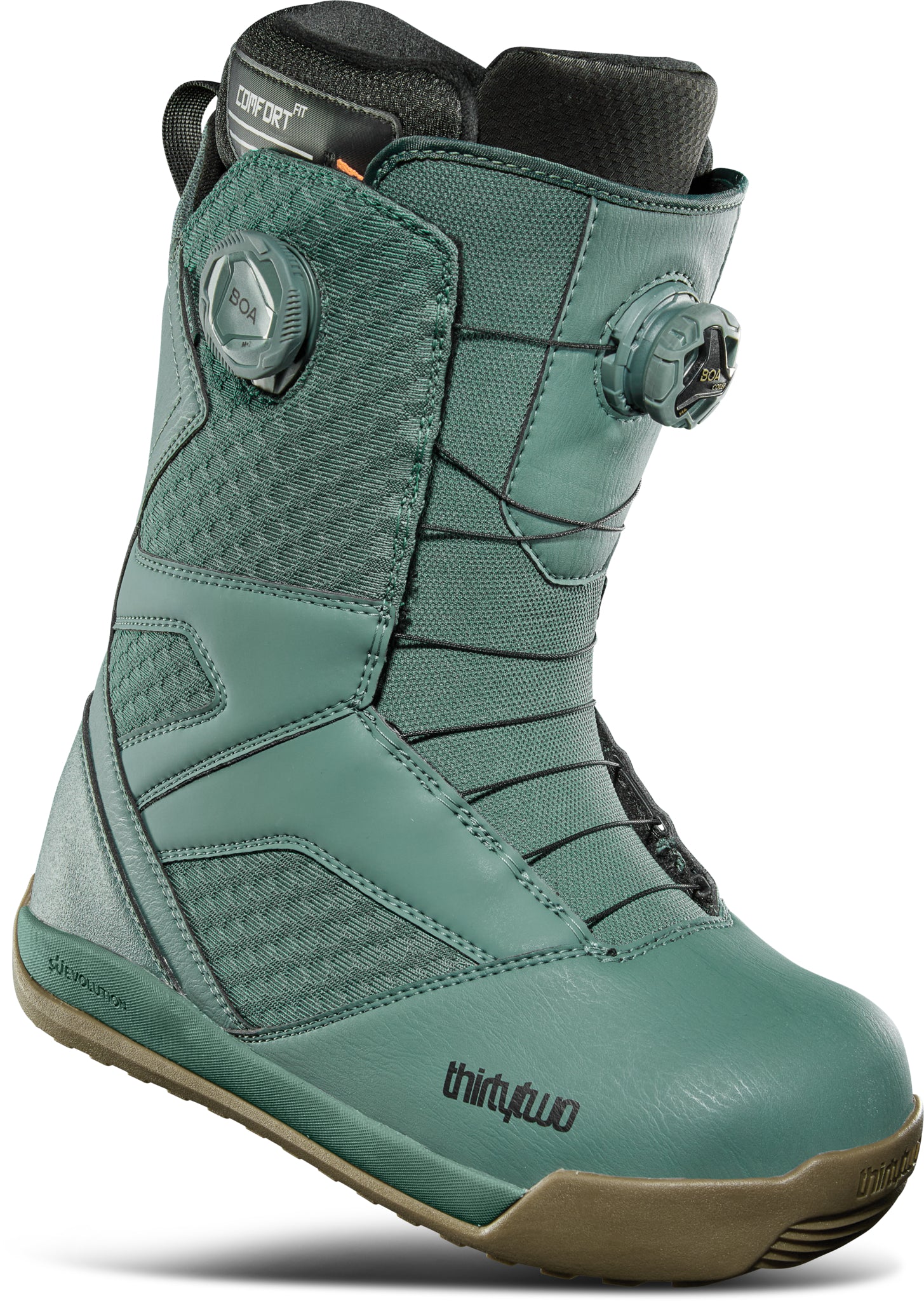 ThirtyTwo STW Double BOA Snowboard Boot 2025 - A pair of snowboard boots with a predominantly black upper and a brown sole, featuring two circular BOA dials on each side.