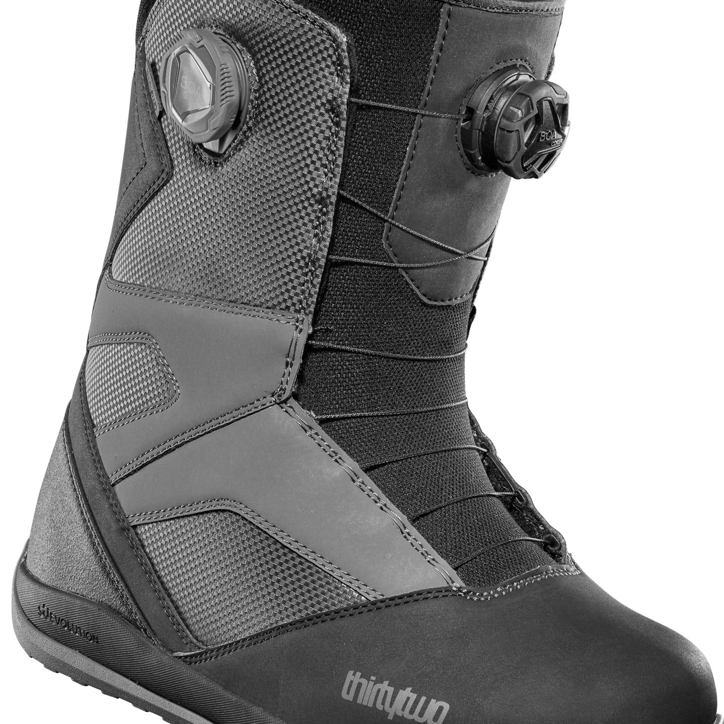 ThirtyTwo STW Double BOA Snowboard Boot 2025 - Black snowboard boots with a textured pattern on the side and silver BOA dials.