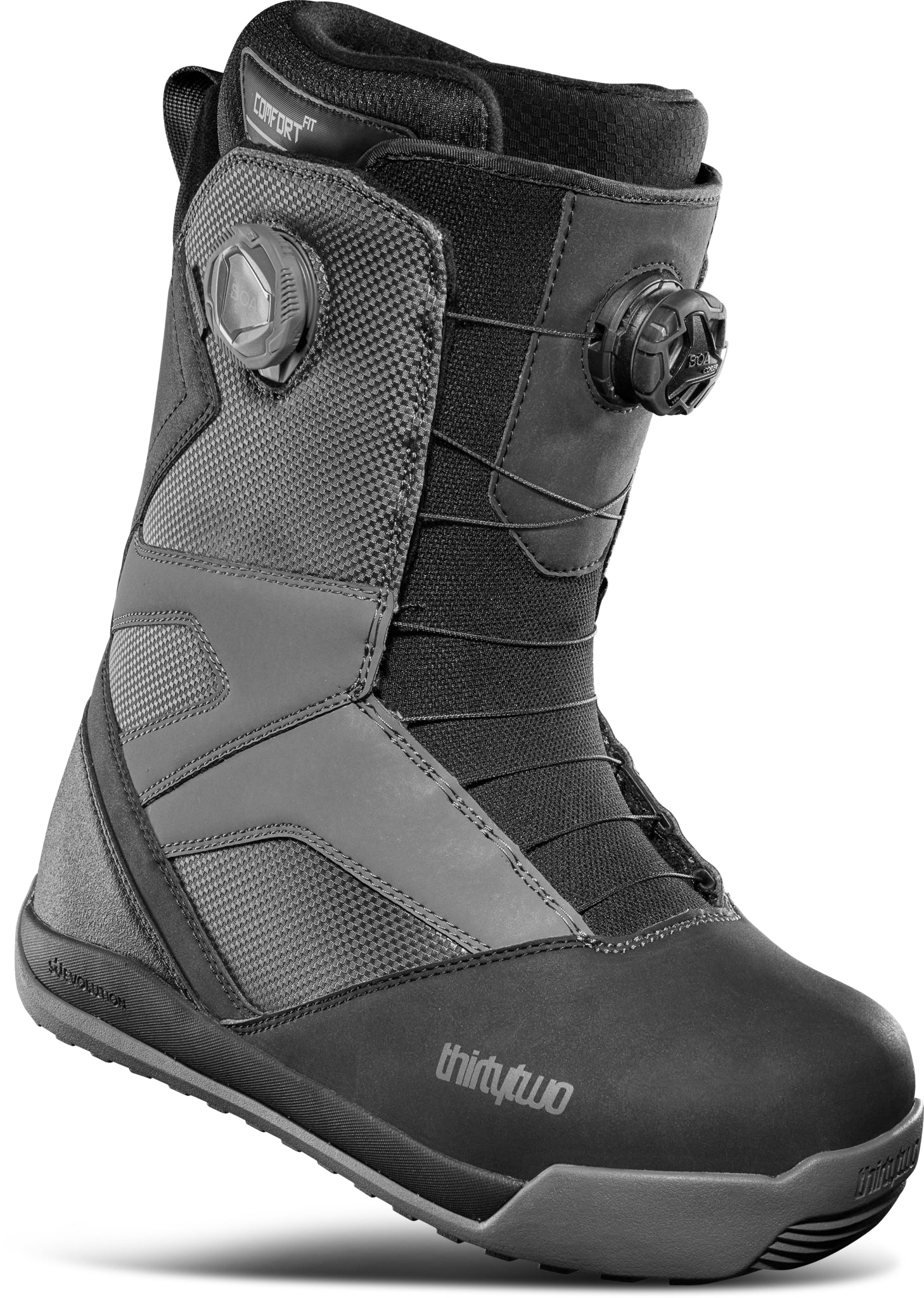 ThirtyTwo STW Double BOA Snowboard Boot 2025 - Black snowboard boots with a textured pattern on the side and silver BOA dials.