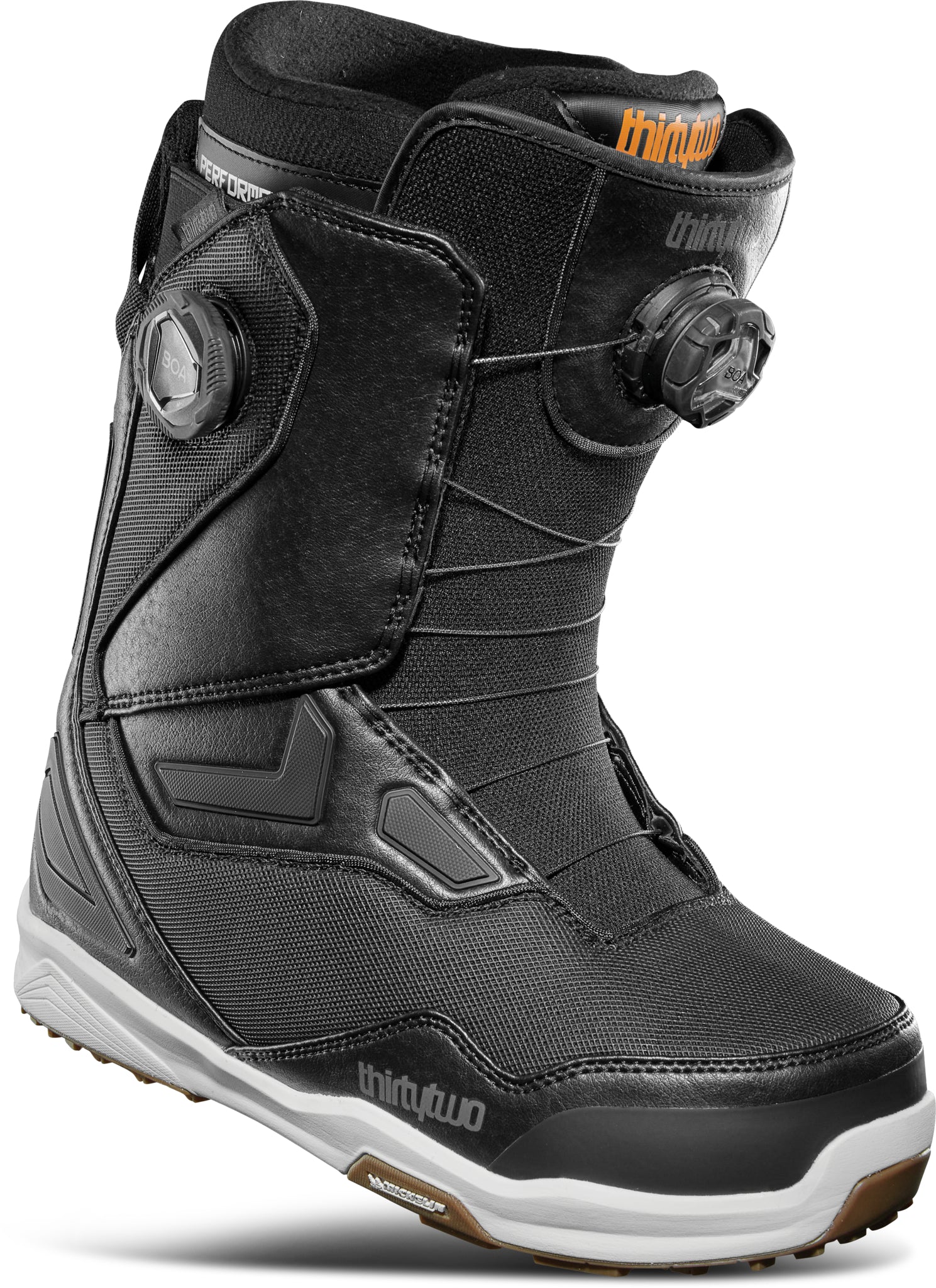 ThirtyTwo TM-2 Double BOA Snowboard Boot 2025 - Black snowboard boots with a textured pattern on the side and two round black BOA dials.