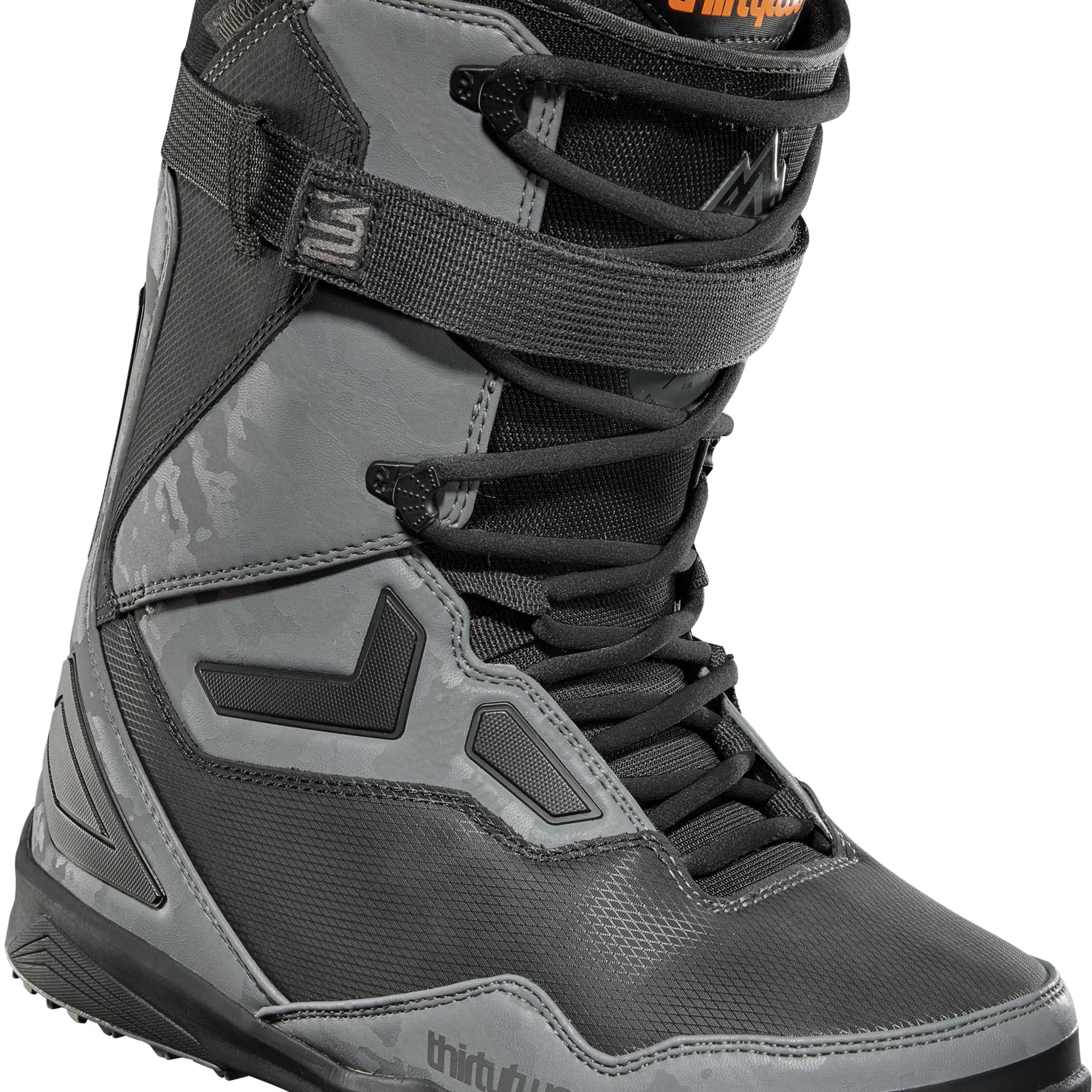 ThirtyTwo TM-2 XLT X Diggers Snowboard Boot 2025 - A black and grey snowboard boot with a textured pattern on the side, featuring an orange logo on the tongue.