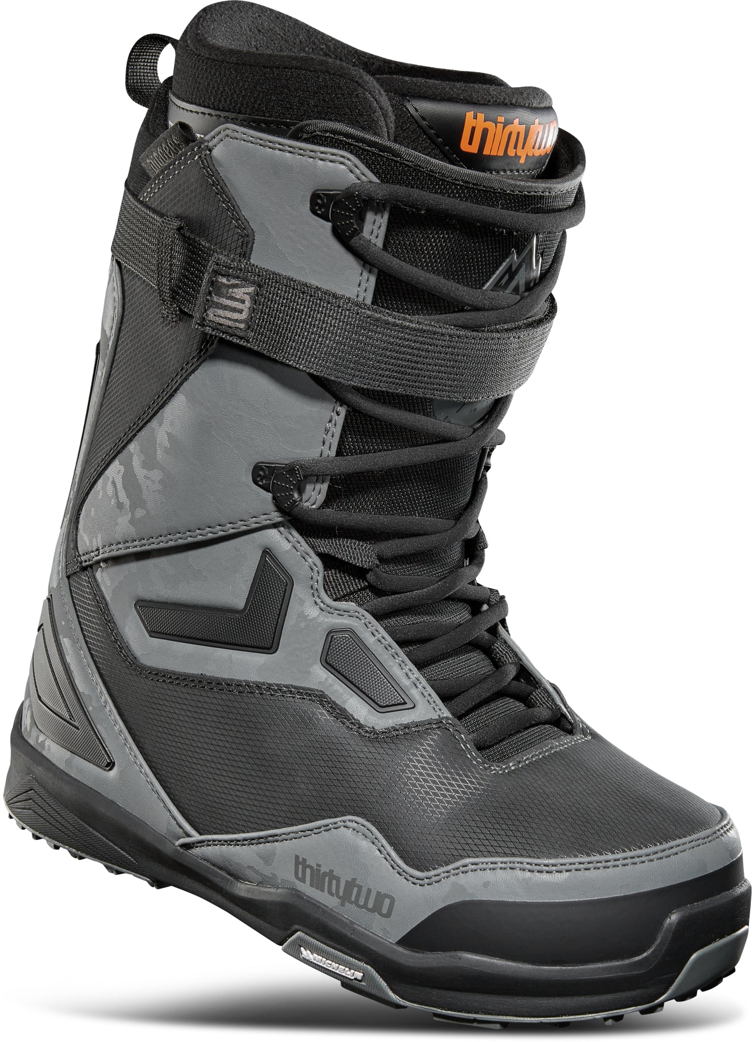 ThirtyTwo TM-2 XLT X Diggers Snowboard Boot 2025 - A black and grey snowboard boot with a textured pattern on the side, featuring an orange logo on the tongue.