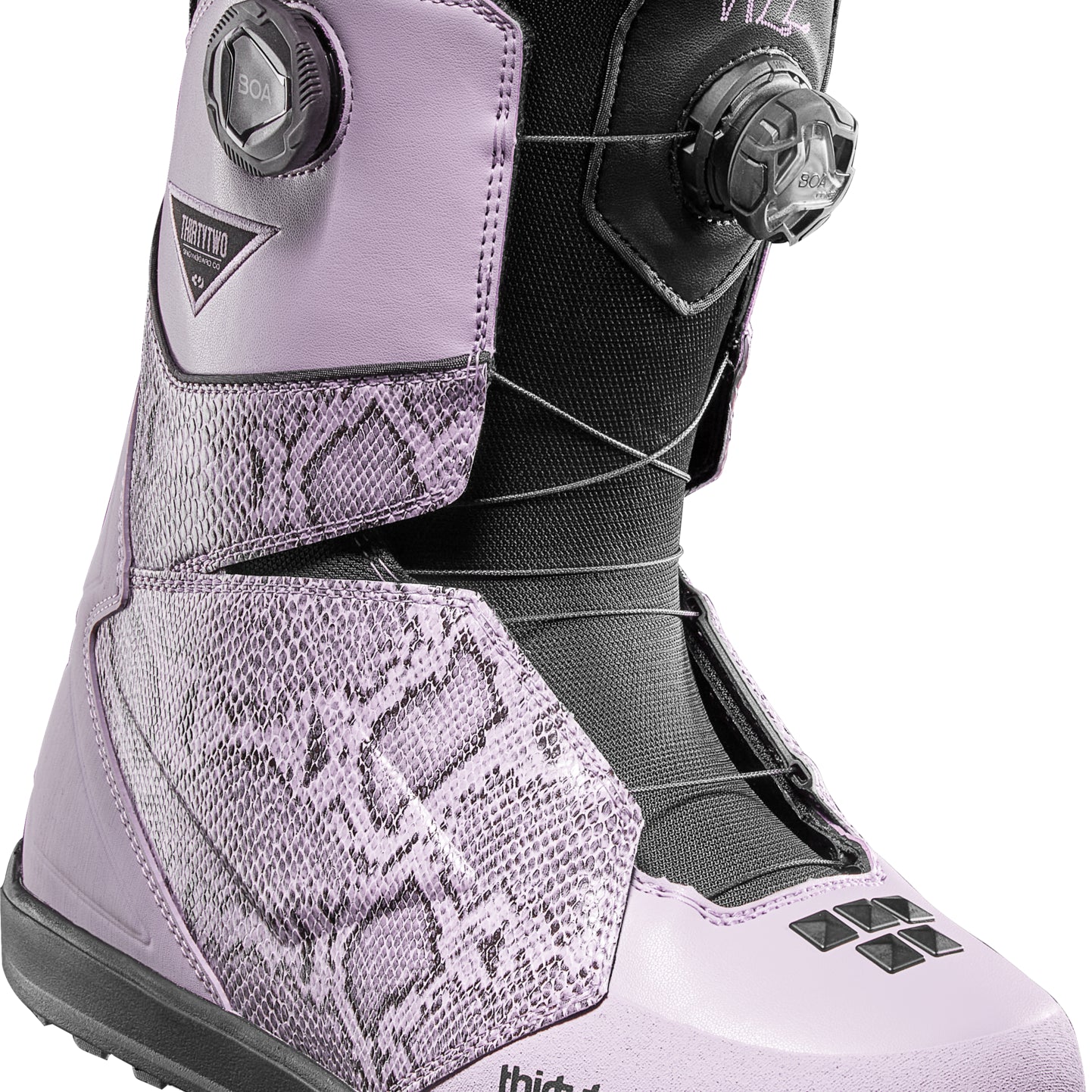 ThirtyTwo Lashed Double BOA X Vizz Snowboard Boot 2025 - A black and purple snowboard boot with a snakeskin pattern on the toe box, featuring two BOA dials.