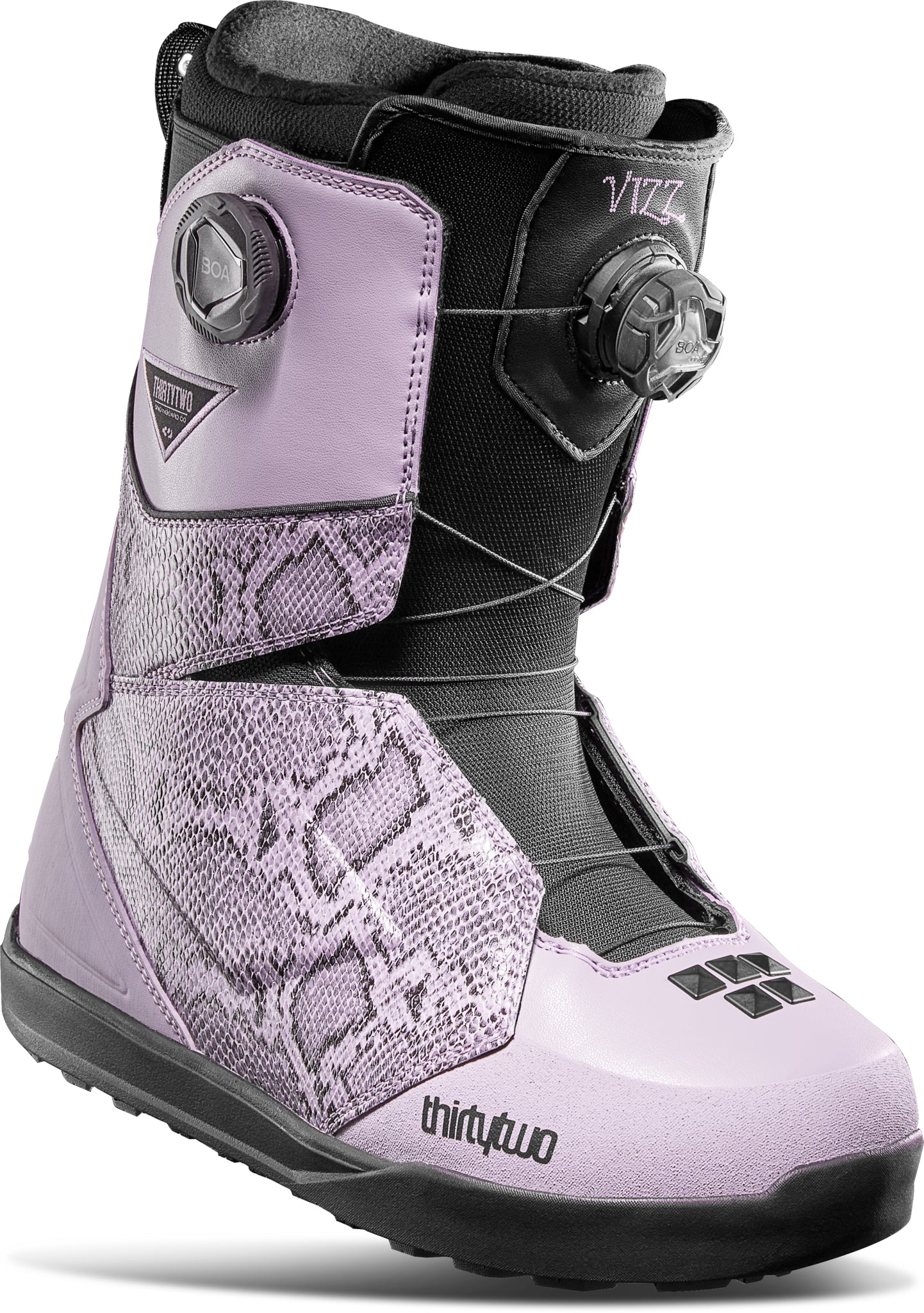 ThirtyTwo Lashed Double BOA X Vizz Snowboard Boot 2025 - A black and purple snowboard boot with a snakeskin pattern on the toe box, featuring two BOA dials.
