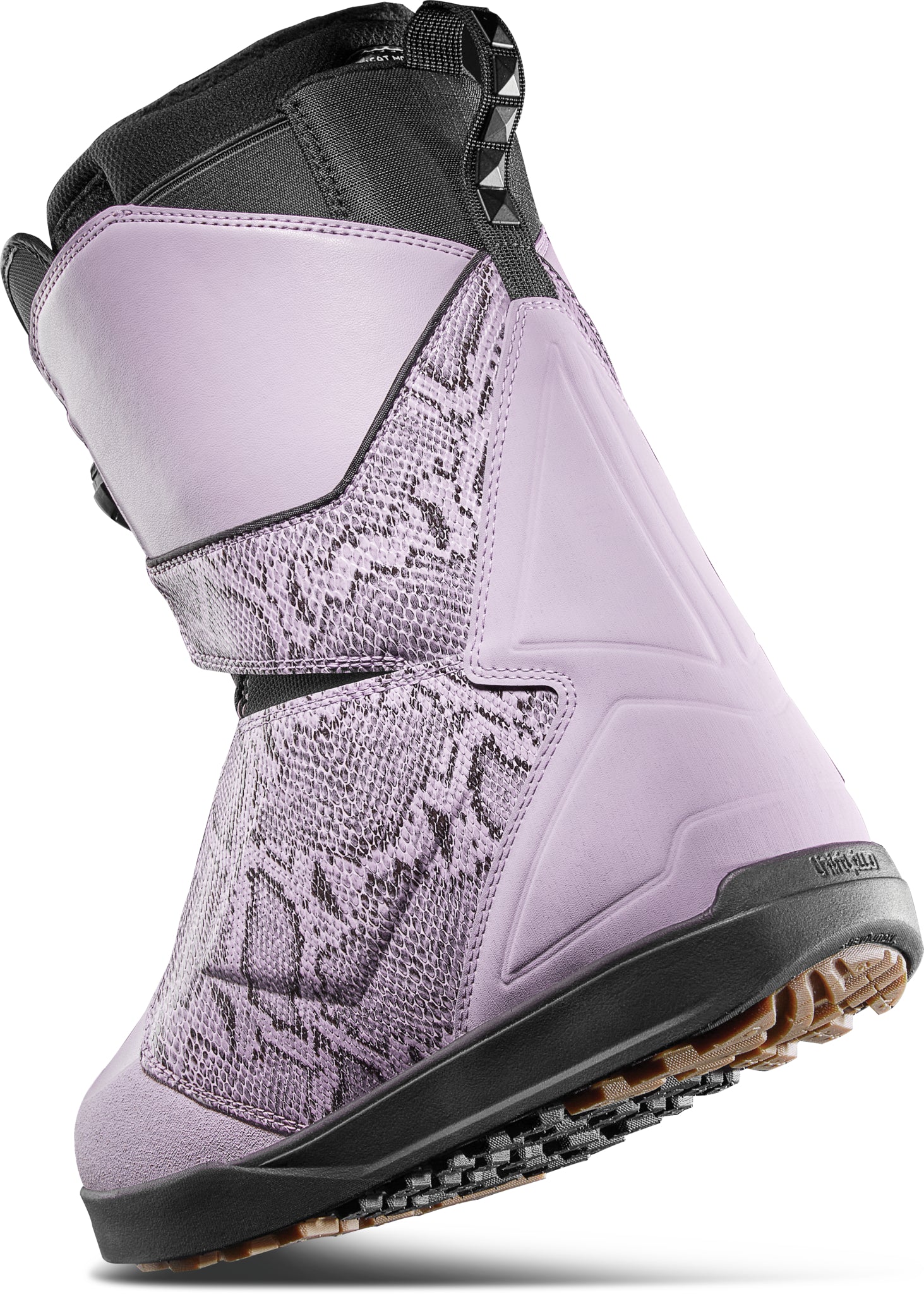 ThirtyTwo Lashed Double BOA X Vizz Snowboard Boot 2025 - A light purple snowboard boot with a snakeskin pattern on the front and black accents, featuring two silver BOA dials.