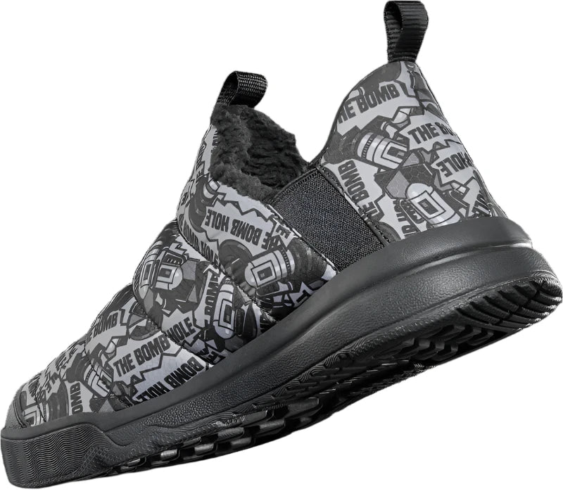 ThirtyTwo The Lounger X Bomb Hole Shoe 2024 - Black shoe with white and grey graphic print featuring a cartoon bomb hole character.