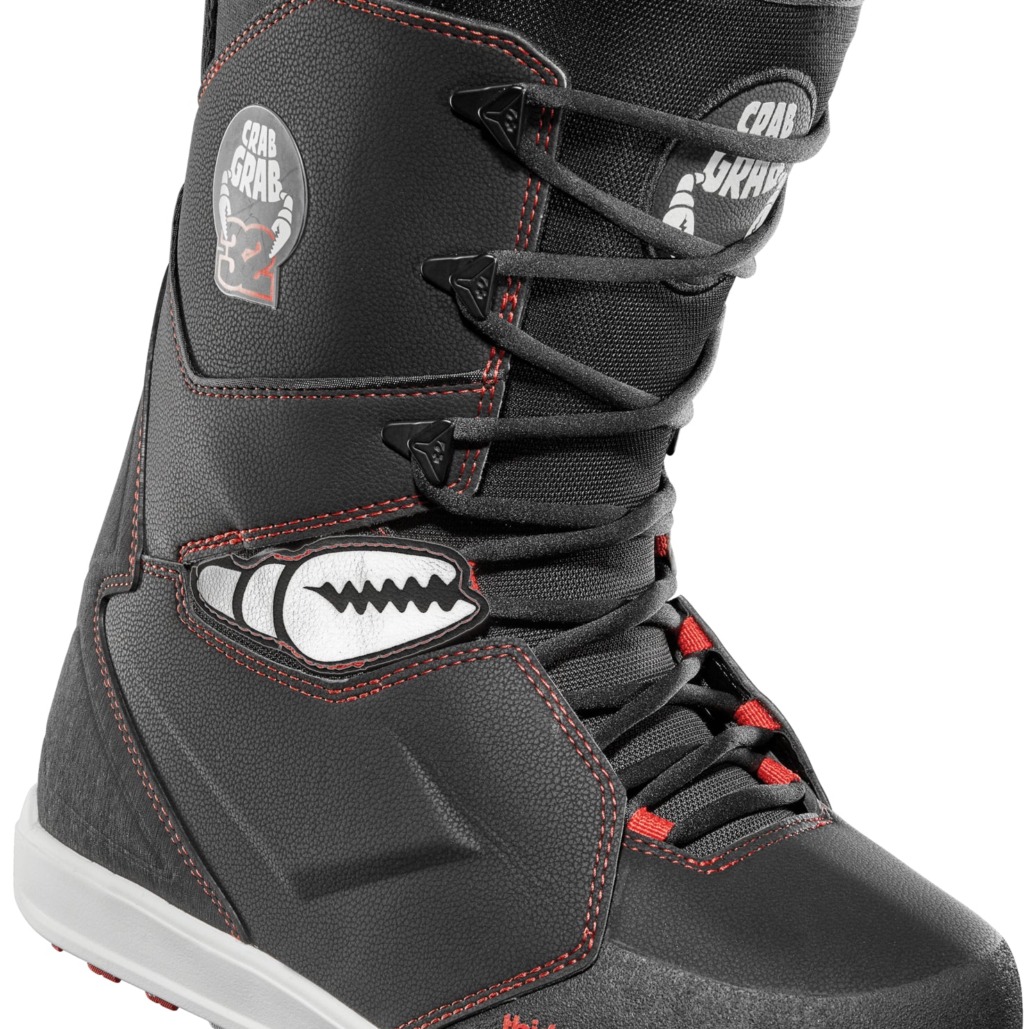 ThirtyTwo Lashed X Crab Grab Snowboard Boot 2025 - A black snowboard boot with a white logo on the side and red stitching.