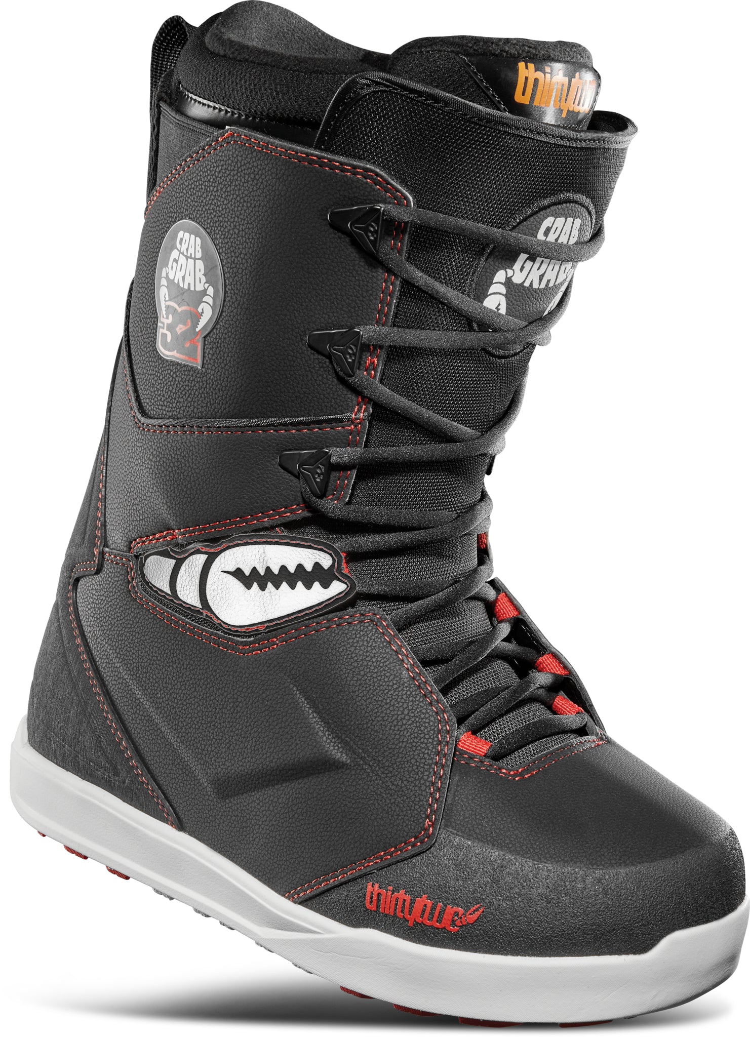ThirtyTwo Lashed X Crab Grab Snowboard Boot 2025 - A black snowboard boot with a white logo on the side and red stitching.