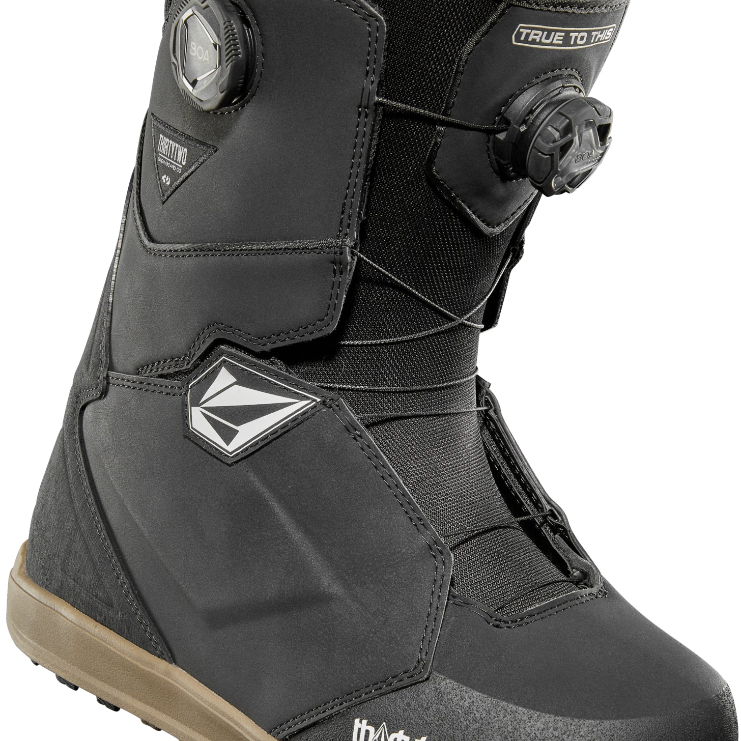 ThirtyTwo Lashed Double BOA X Volcom Snowboard Boot 2025 - Black snowboard boots with a white logo on the side and a silver BOA dial on top.