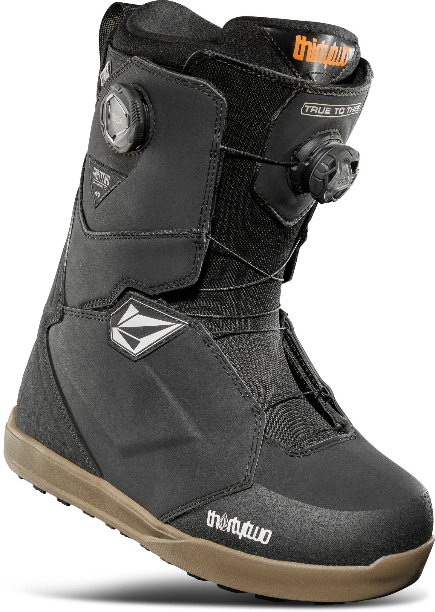 ThirtyTwo Lashed Double BOA X Volcom Snowboard Boot 2025 - Black snowboard boots with a white logo on the side and a silver BOA dial on top.