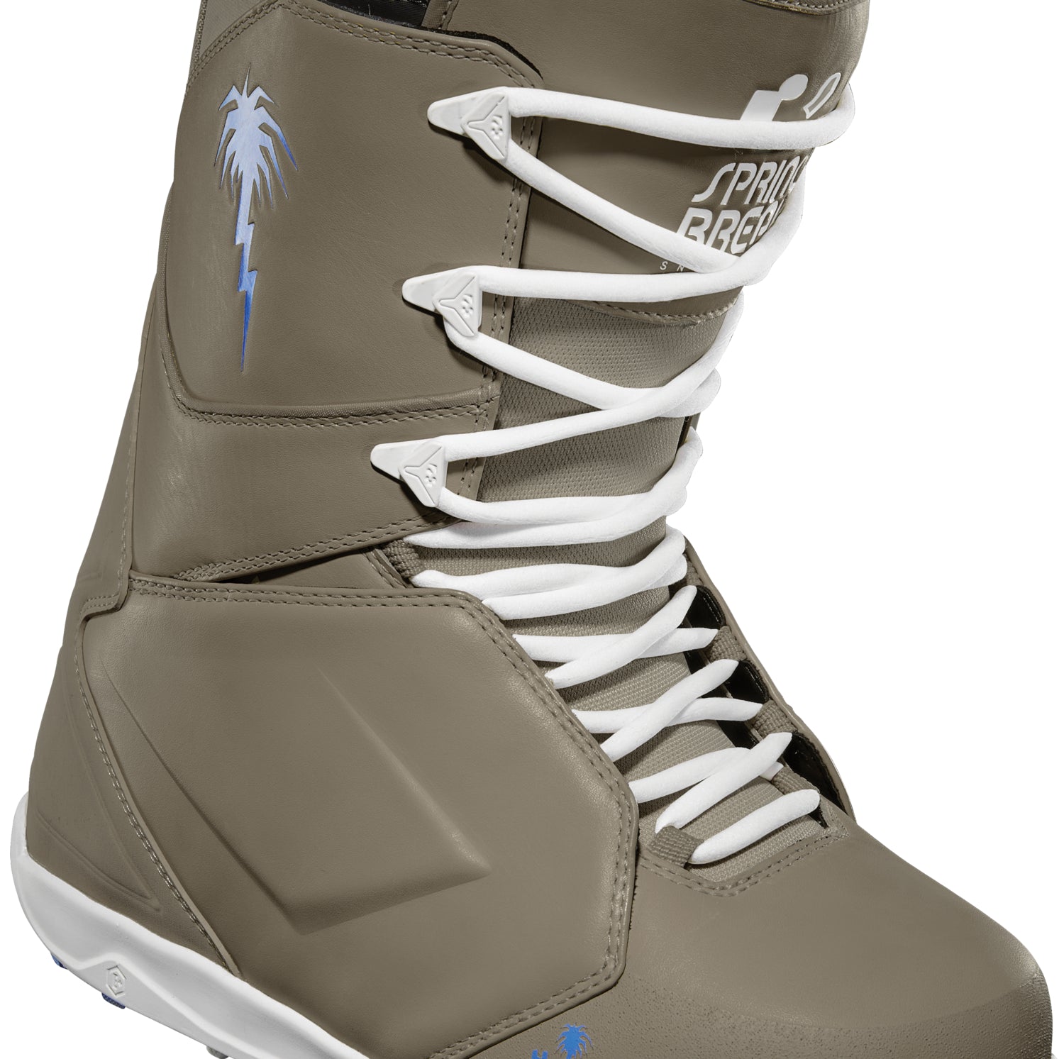 ThirtyTwo Lashed Premium X Spring Break Snowboard Boot 2025 - A tan snowboard boot with a palm tree logo on the side and white laces.
