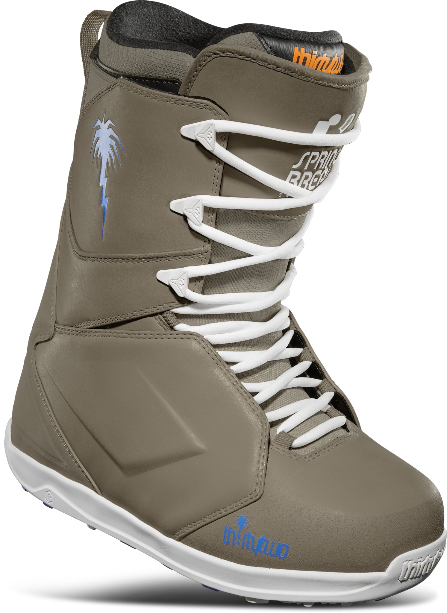 ThirtyTwo Lashed Premium X Spring Break Snowboard Boot 2025 - A tan snowboard boot with a palm tree logo on the side and white laces.