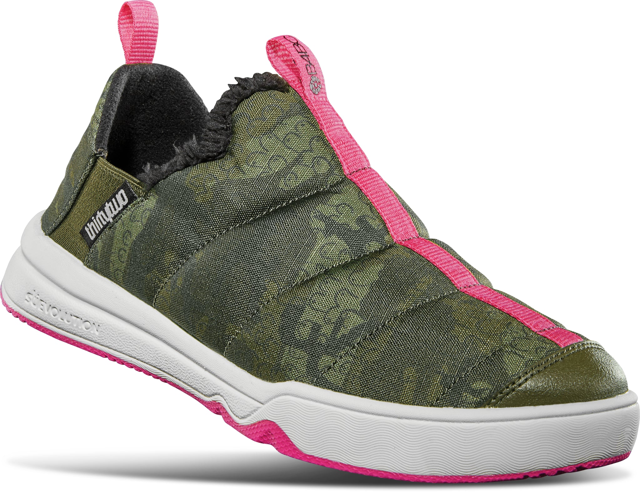 ThirtyTwo Lounger X B4BC Shoe 2025 - A green and black shoe with a pink logo on the side.
