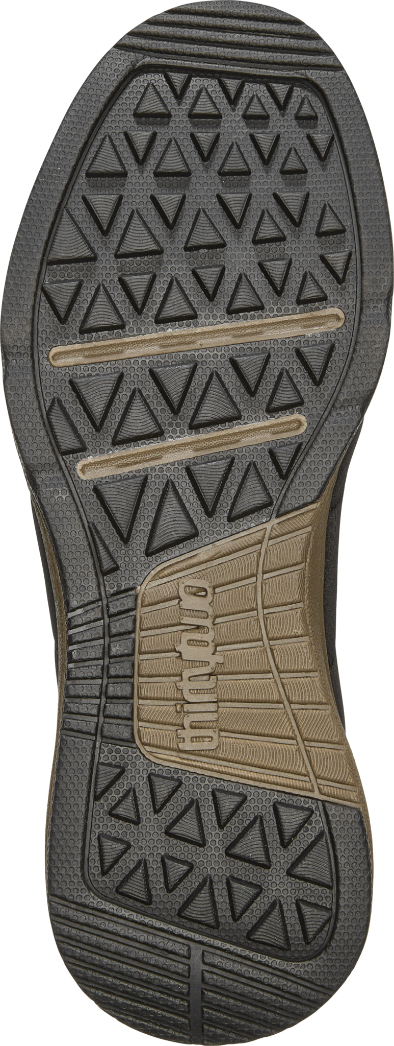 ThirtyTwo Lounger X Volcom Shoe 2025 - Black shoe with a textured pattern on the sole and a tan-colored logo on the heel.
