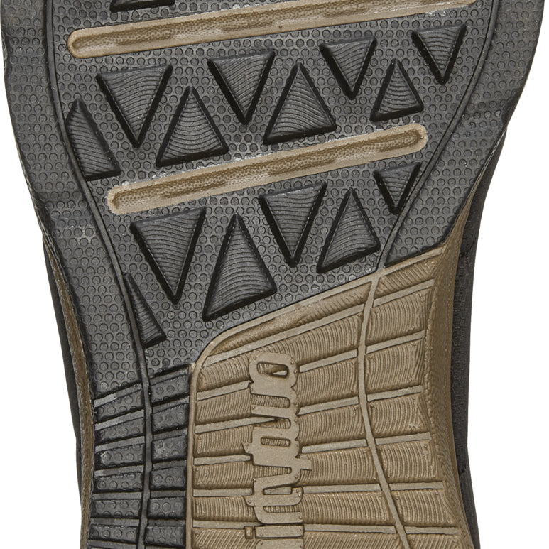 ThirtyTwo Lounger X Volcom Shoe 2025 - Black shoe with a textured pattern on the sole and a tan-colored logo on the heel.