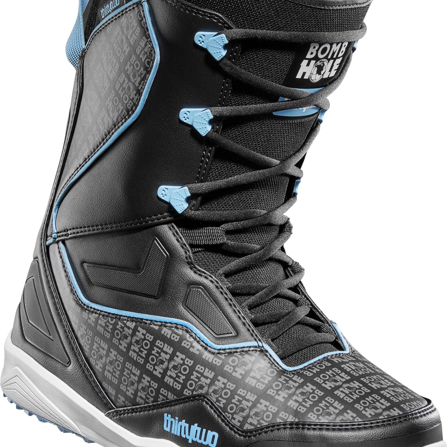 ThirtyTwo TM-2 x Bomb Hole Snowboard Boot 2025 - Black snowboard boots with white lettering and blue accents.