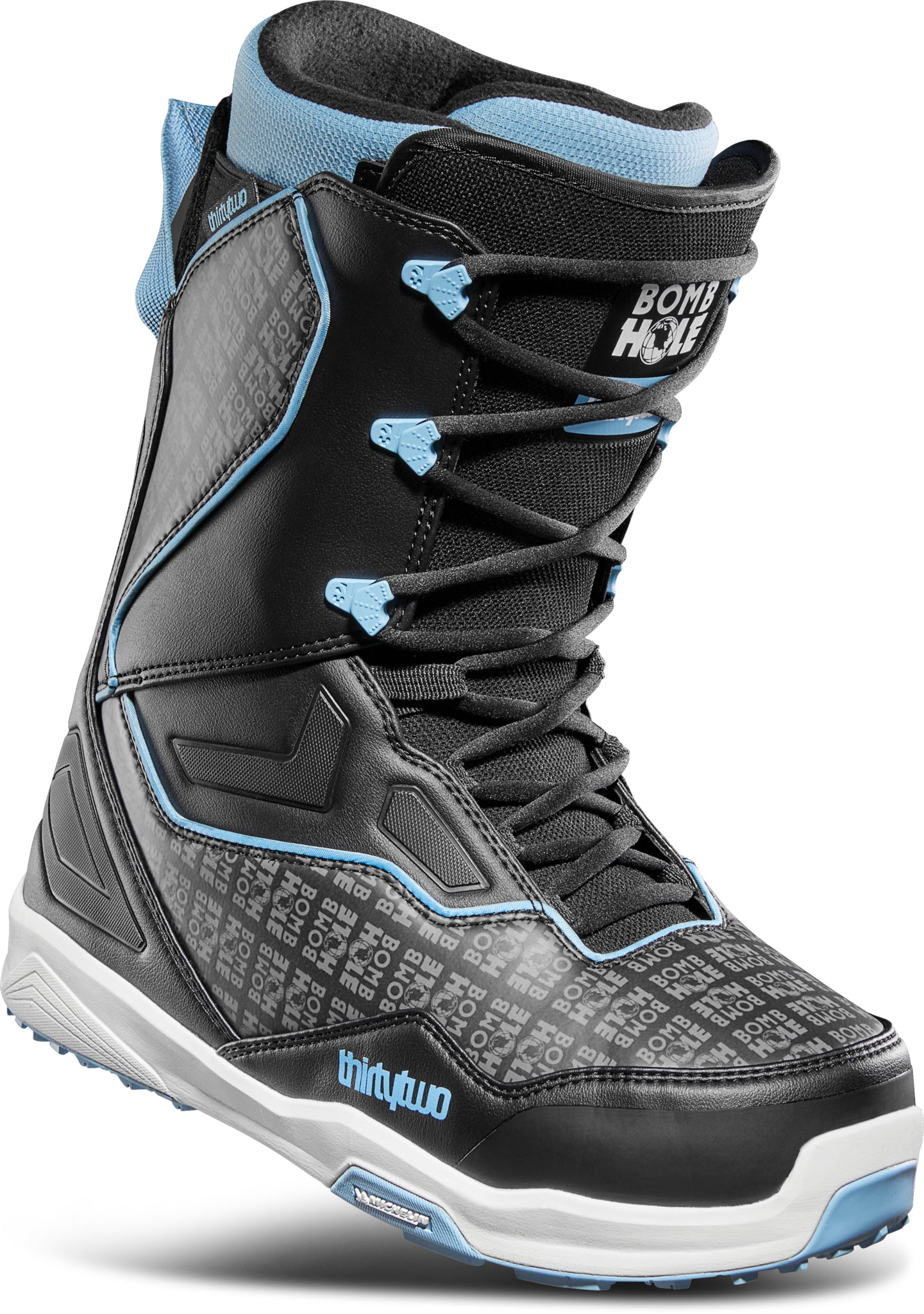 ThirtyTwo TM-2 x Bomb Hole Snowboard Boot 2025 - Black snowboard boots with white lettering and blue accents.