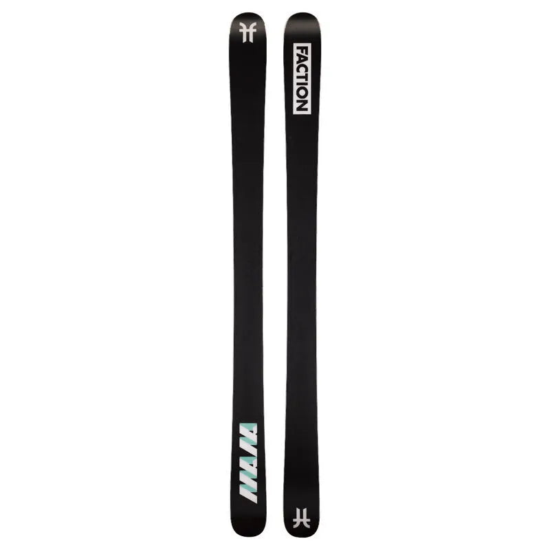 Faction Mana 2 Skis 2024 - Black skis with white and green diagonal stripes on the bottom of the right ski.