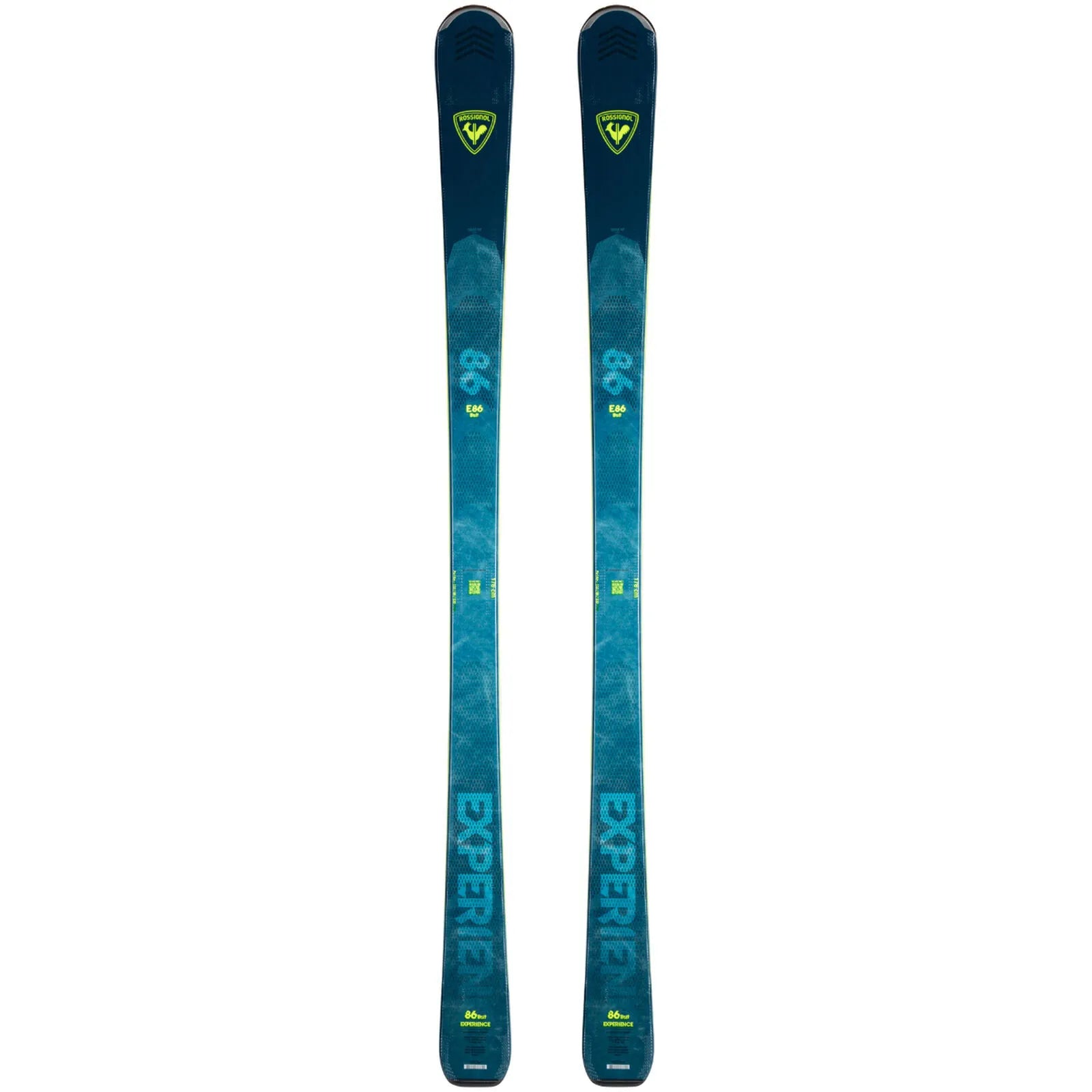 Rossignol Experience 86 Basalt Skis 2024 - A pair of skis with a dark blue-green color and a basalt pattern on the top sheet, featuring a yellow logo at the tip.