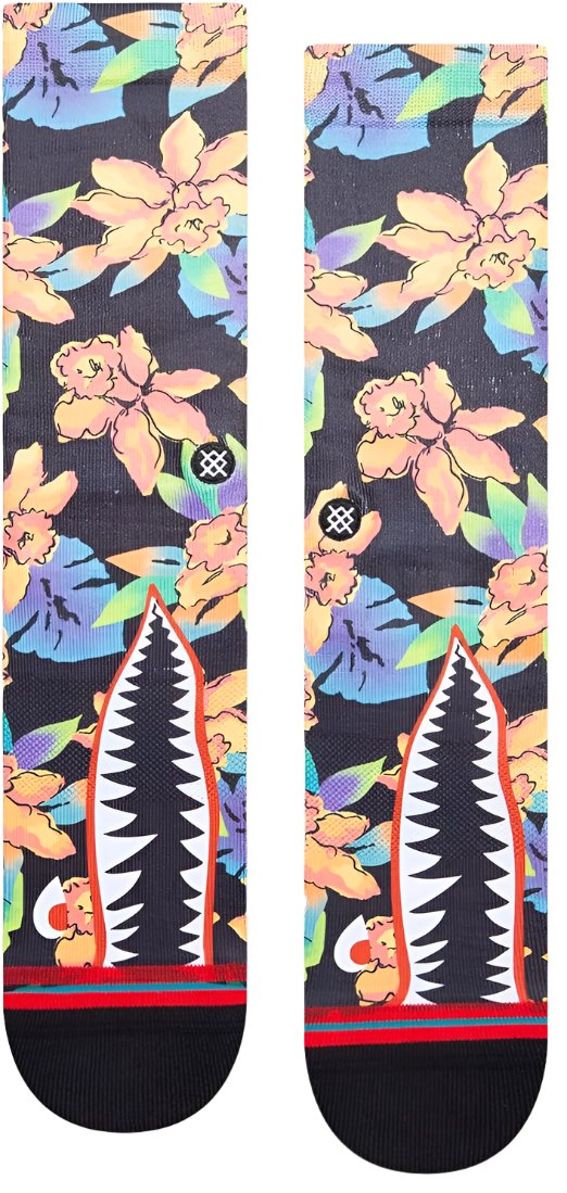 Stance Bomin Crew Sock 2024 - A pair of crew socks with a colorful floral pattern on a black background.