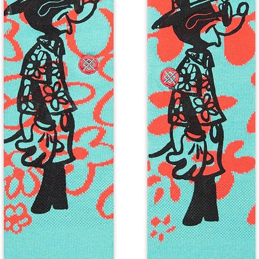 SURF CHECK BY RUSS C SOCK 2023 - A pair of light blue socks with a red and white surfboard graphic on them.