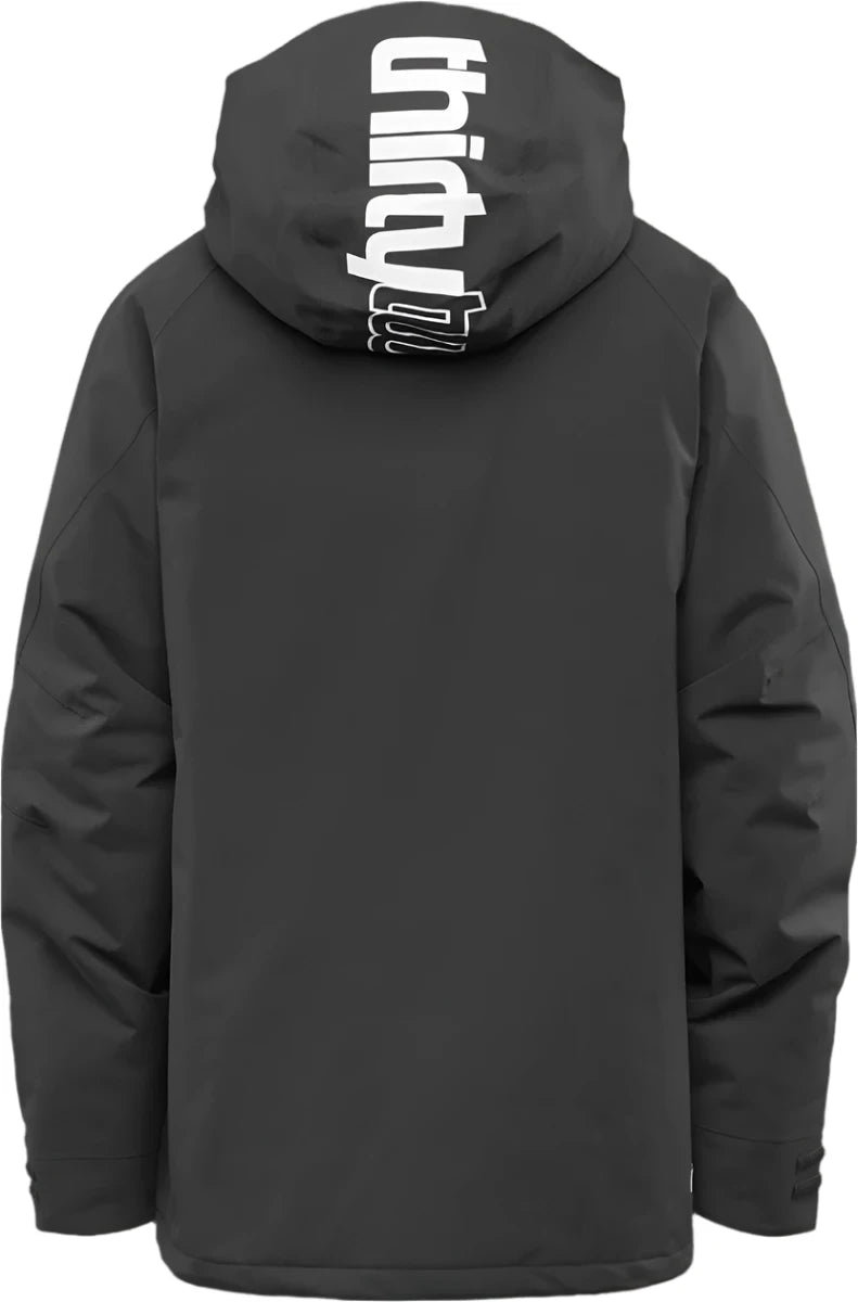ThirtyTwo Lashed Insulated Jacket 2025 - A black jacket with a hood, featuring white lettering on the back and sleeve cuffs.