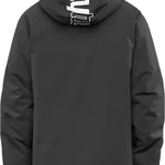 ThirtyTwo Lashed Insulated Jacket 2025 - A black jacket with a hood, featuring white lettering on the back and sleeve cuffs.