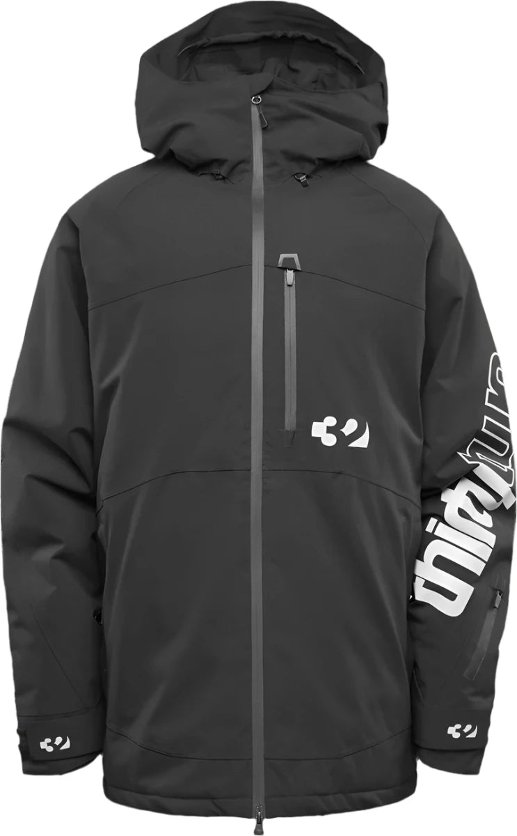 ThirtyTwo Lashed Insulated Jacket 2025 - A black jacket with a white logo on the left chest and a large graphic on the back, featuring a snowboarder in action.