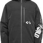 ThirtyTwo Lashed Insulated Jacket 2025 - A black jacket with a white logo on the left chest and a large graphic on the back, featuring a snowboarder in action.