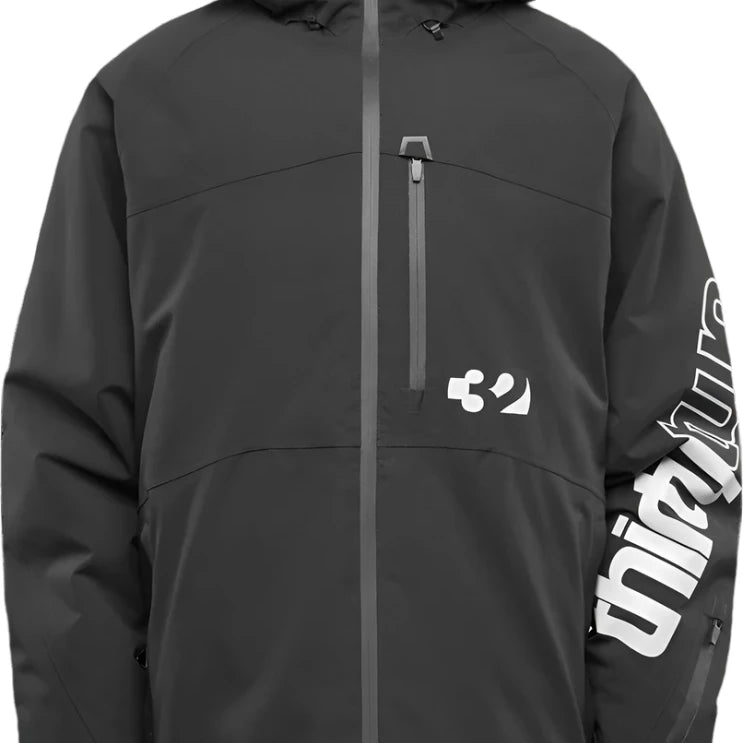 ThirtyTwo Lashed Insulated Jacket 2025 - A black jacket with a white logo on the left chest and a large graphic on the back, featuring a snowboarder in action.