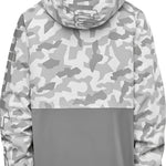 ThirtyTwo Light Shell Anorak Jacket 2025 - A light-colored jacket with a hood, featuring a geometric pattern of darker shapes on the upper portion.