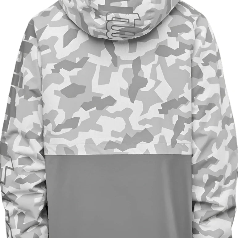 ThirtyTwo Light Shell Anorak Jacket 2025 - A light-colored jacket with a hood, featuring a geometric pattern of darker shapes on the upper portion.