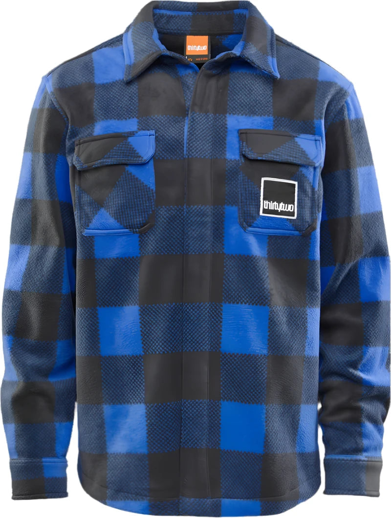 ThirtyTwo Rest Stop Fleece Shirt 2025 - A blue and black plaid fleece shirt with a collar.