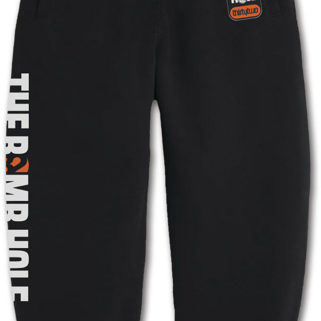 ThirtyTwo Bombhole Jogger Pant 2025 - Black joggers with a white logo on the left thigh that says "Bombhole" in bold letters.