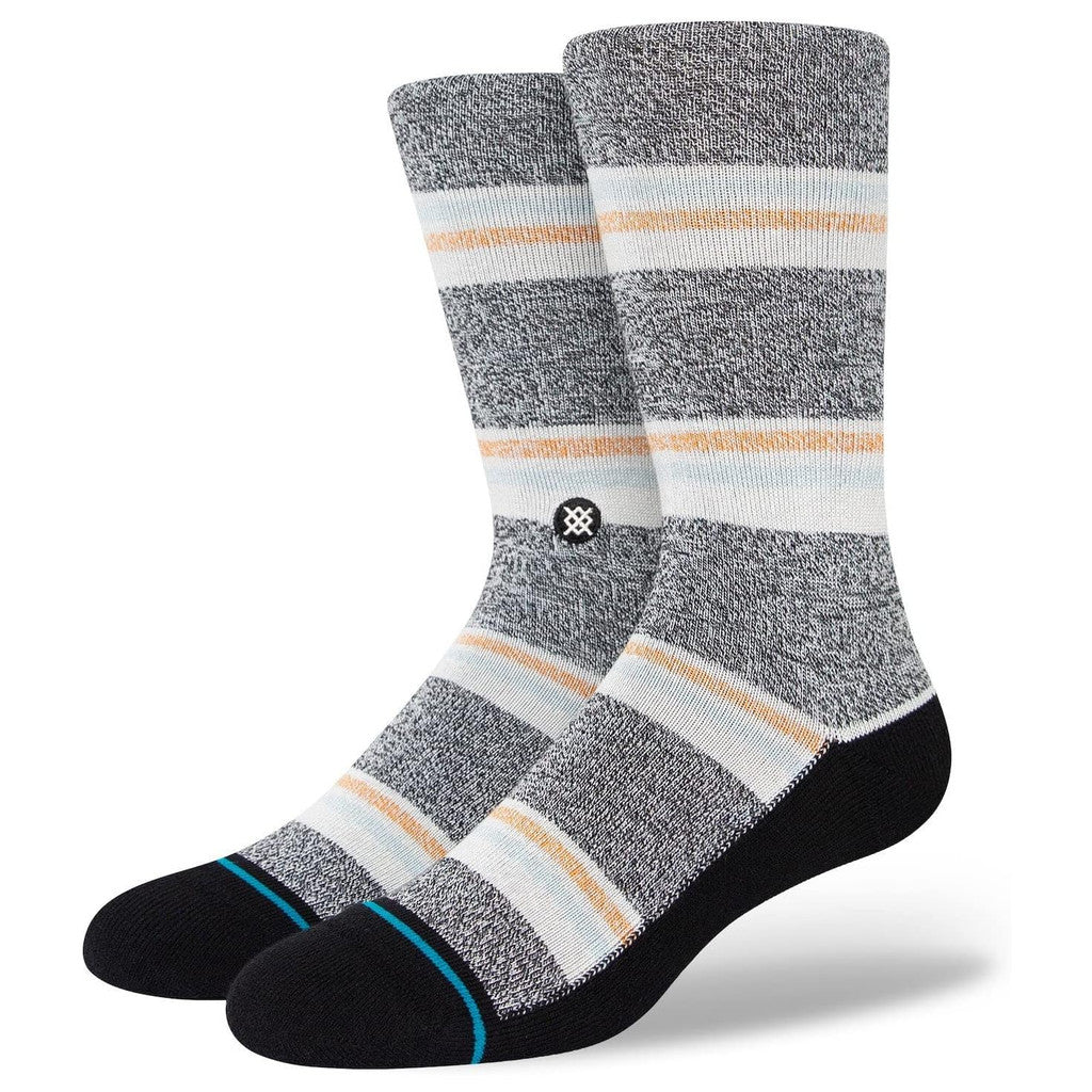 Stance Gilligan Crew Sock 2023 - A gray crew sock with a subtle orange stripe pattern and black toe and heel accents.