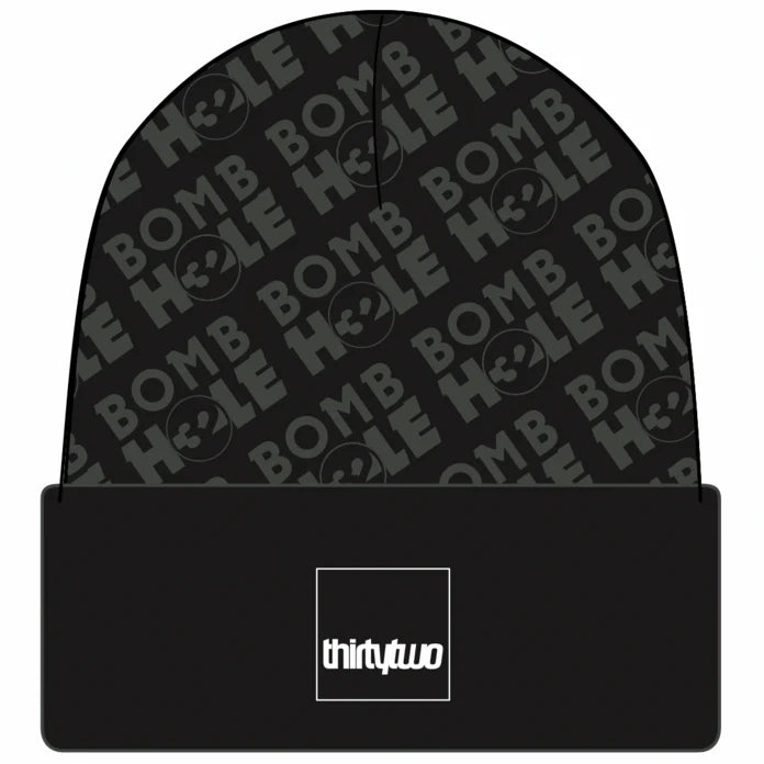 ThirtyTwo Bombhole Beanie 2025 - Black beanie with repeating "BOMBHOLE" logo in light gray.