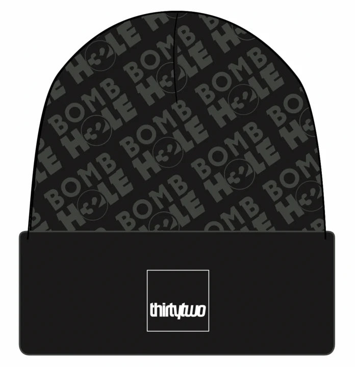 ThirtyTwo Bombhole Beanie 2025 - Black beanie with repeating "BOMBHOLE" logo in light gray.