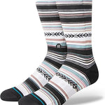 REYKIR CREW C SOCK MENS 2024 - Black crew socks with a repeating pattern of horizontal stripes in light blue, pink, and white.
