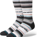 REYKIR CREW C SOCK MENS 2024 - Black crew socks with a repeating pattern of horizontal stripes in light blue, pink, and white.