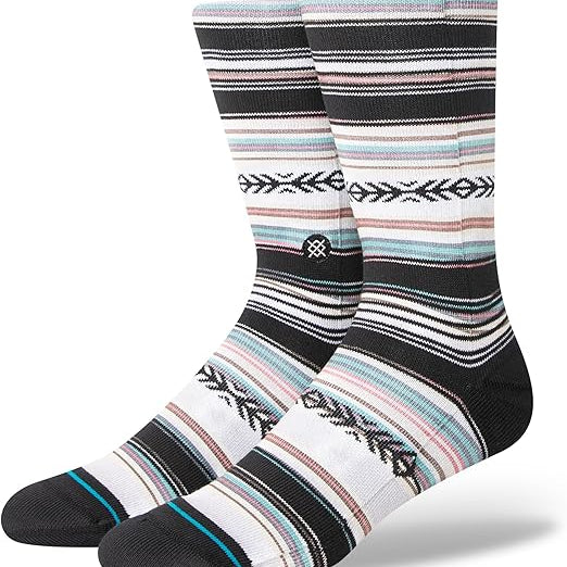 REYKIR CREW C SOCK MENS 2024 - Black crew socks with a repeating pattern of horizontal stripes in light blue, pink, and white.