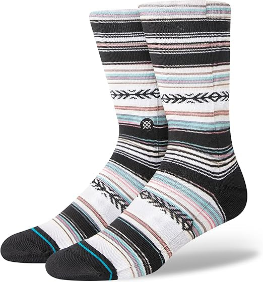 REYKIR CREW C SOCK MENS 2024 - Black crew socks with a repeating pattern of horizontal stripes in light blue, pink, and white.