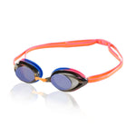 Speedo Women's Vanquisher 2.0 Mirrored Swim Goggle - A pair of mirrored swim goggles with a sleek black frame and blue lenses, featuring a strap that wraps around the head.