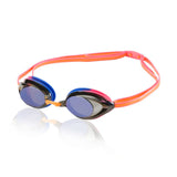 Speedo Women's Vanquisher 2.0 Mirrored Swim Goggle - A pair of mirrored swim goggles with a sleek black frame and blue lenses, featuring a strap that wraps around the head.